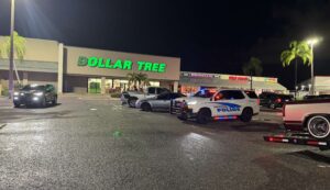 Police cars with their lights on parked in front of a Dollar Tree.