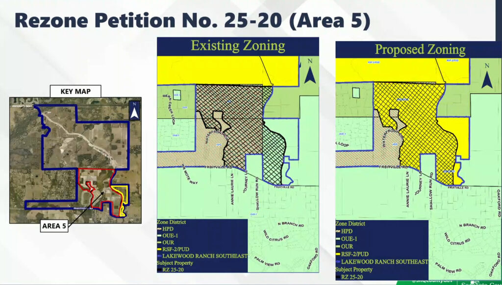Maps comparing the existing and proposed zoning in the area to become Lakewood Ranch Southeast.