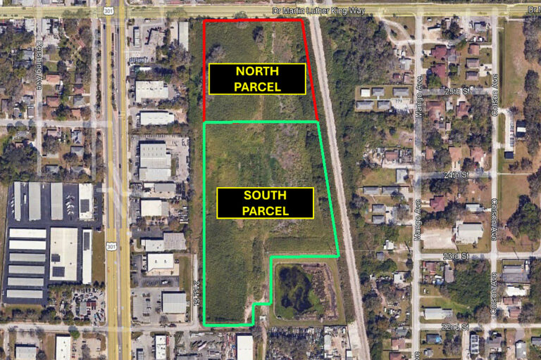 Aerial photo highlighting the two parcels that compose the proposed Newtown Gateway development.