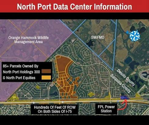 Map titled North Port Data Center Information highlighting parcels held by North Port Holdings 300 and North Port Equities in relation to other areas like the Orange Hammock Wildlife Management Area and SWFMD.
