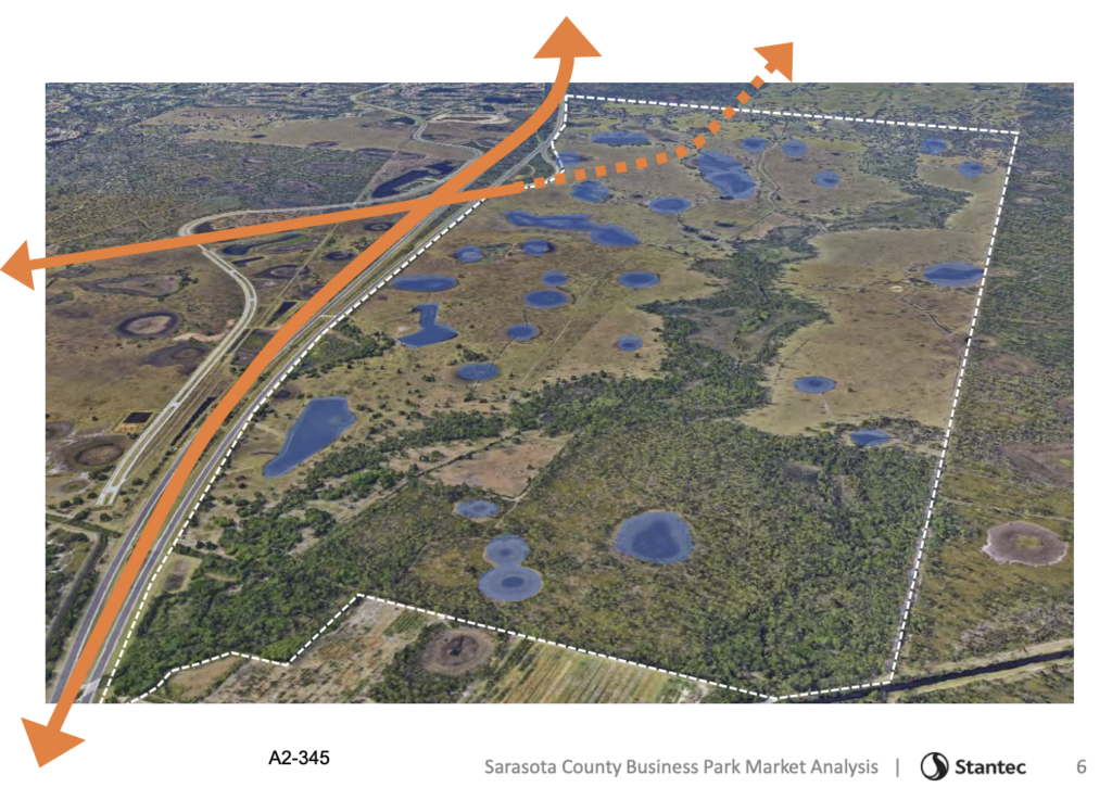 Aerial view of Palmer Ranch East with arrows indicating roads.