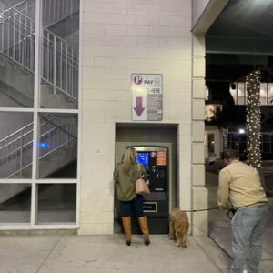 A person uses a parking garage kiosk while a pet owner and their dog stand nearby.