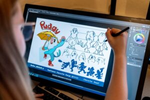 An illustrator working on a character sheet for an anthropomorphic birdlike character named Pudgy on an art tablet.