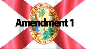 Florida state flag graphic with the words "Amendment 1" written over it.