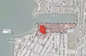 Map highlighting the planned location of the restaurant by the bay.