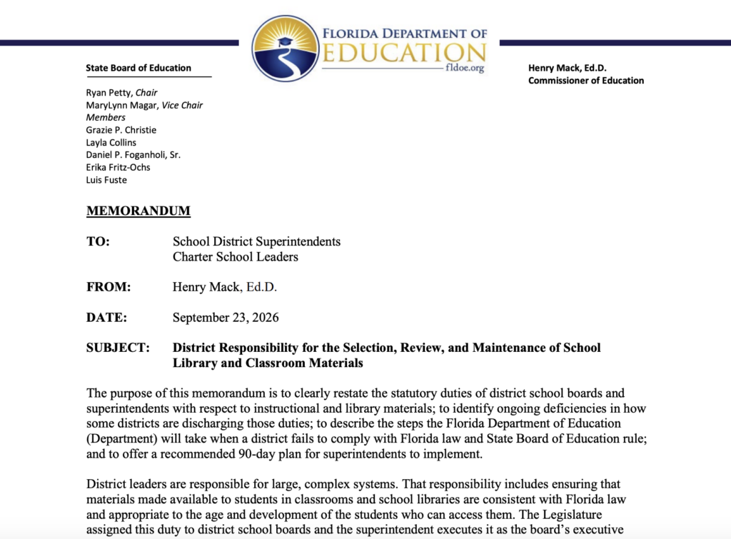 Excerpt from the memo by Henry Mack regarding the district's responsibility to review school library materials.