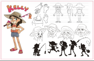 Illustrated character sheet for a character named Kelly, a young person wearing a life jacket and holding a fishing rod.