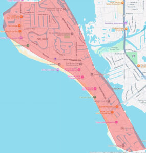 Map screenshot with the entirety of Siesta Key highlighted in red.