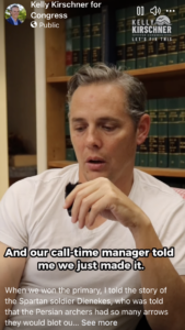 Still from a video of Kelly Kirschner speaking. Captions read, "And our call-time manager told me we just made it."