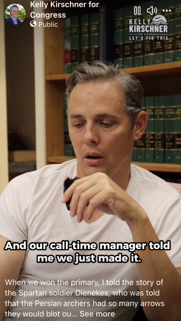Still from a video of Kelly Kirschner speaking. Captions read, "And our call-time manager told me we just made it."