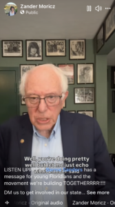 Still frame of a short video for social media by Zander Moricz of Bernie Sanders speaking, captioned "Well, you're doing pretty well but let me just echo what Zander said".