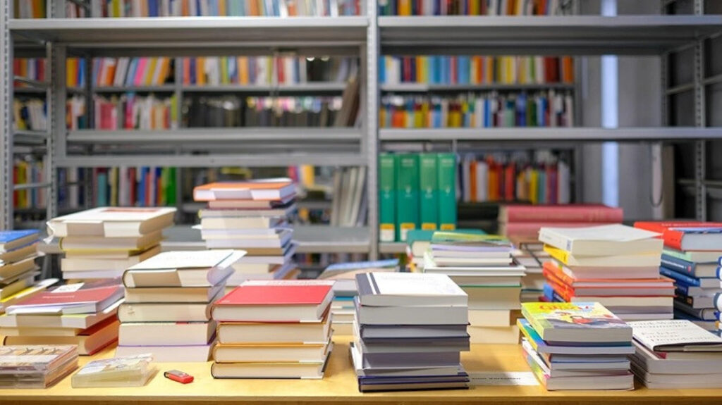 Books neatly stacked on a library table.