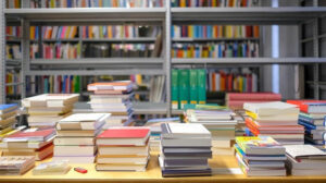 Books neatly stacked on a library table.